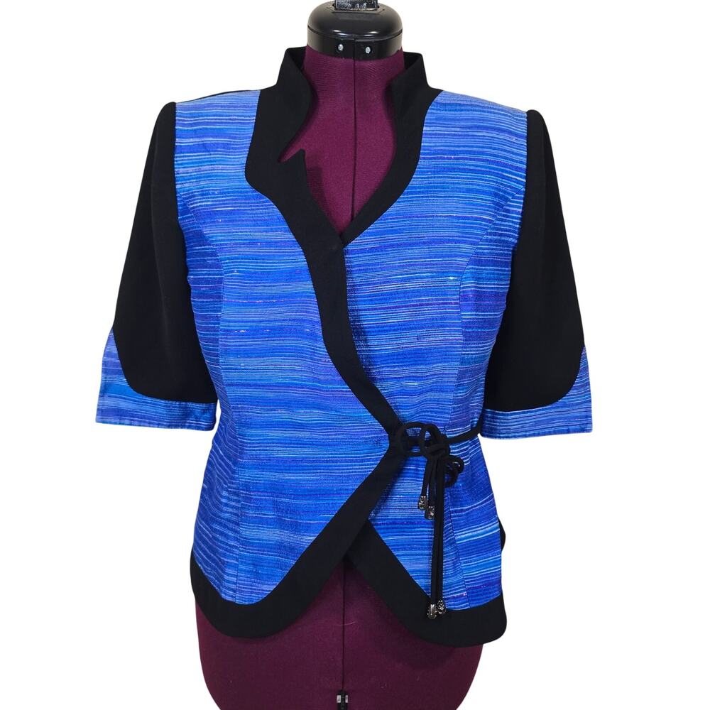 Women's Mikiko Silk Blue Shimmer Black Dress Jacket Top | Size Medium
